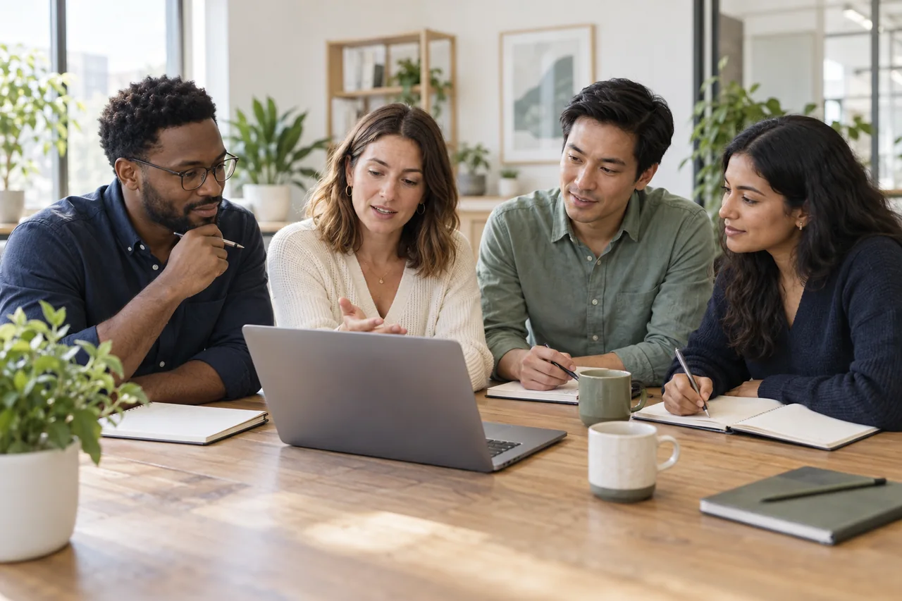 Four coworkers learning together at a laptop