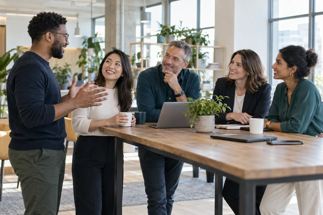A business team sharing ideas in a bright collaborative workspace