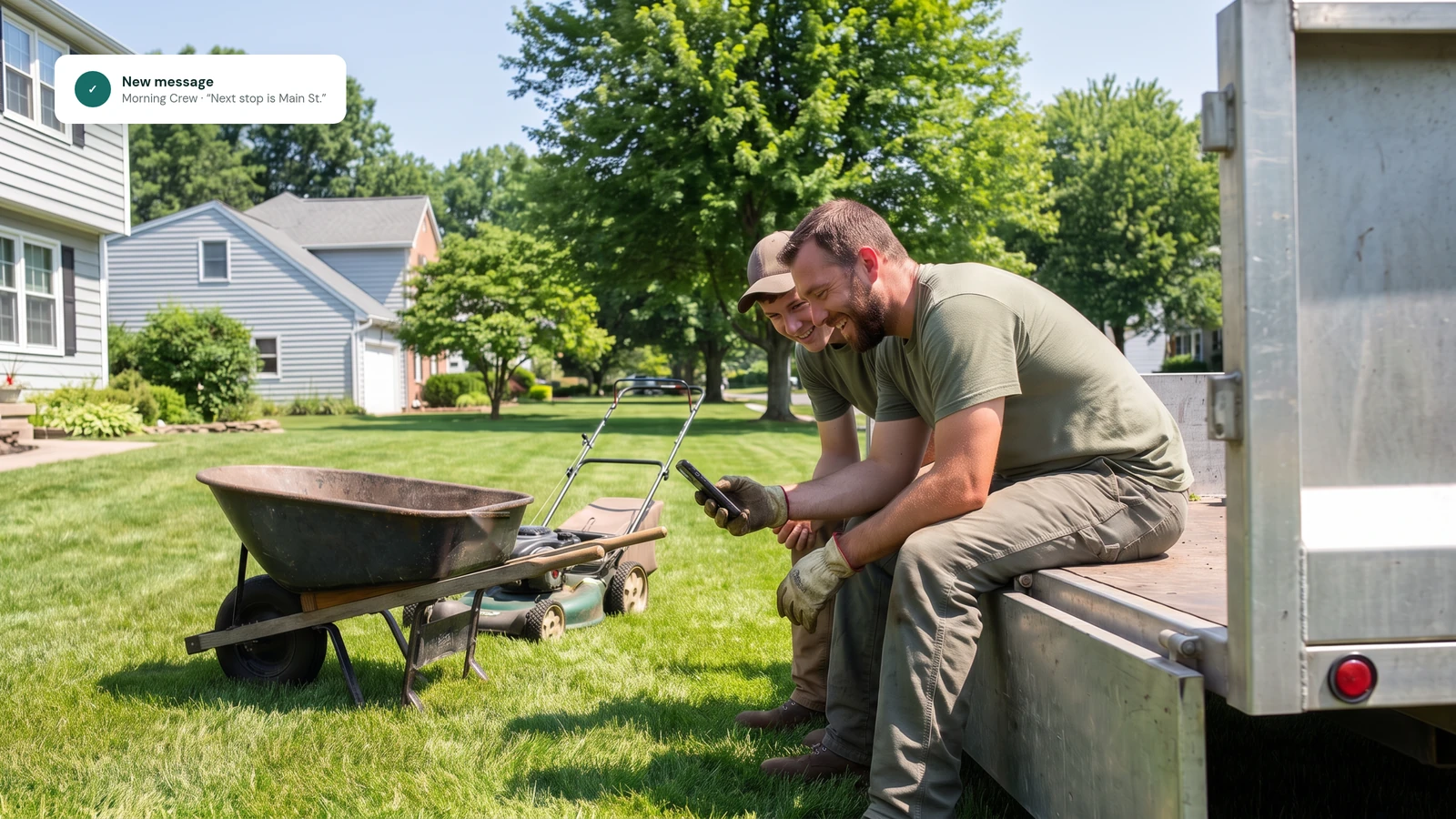 Two landscaping crew members sit on their trailer and laugh at a message on a phone during a break on a sunny lawn.