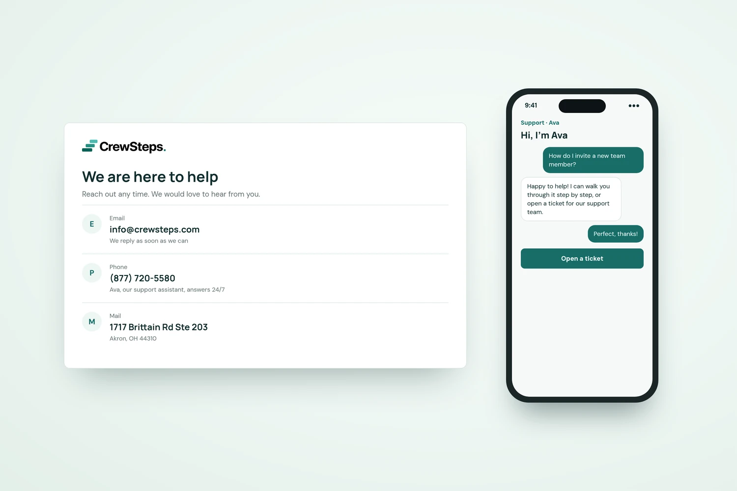 CrewSteps contact card with info@crewsteps.com, (877) 720-5580 answered 24/7 by Ava, and 1717 Brittain Rd Ste 203, Akron, OH 44310, plus a phone chat with Ava.
