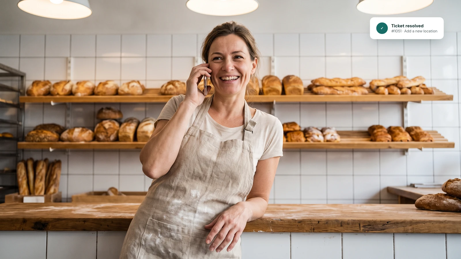 A bakery owner in a flour-dusted apron laughs on a phone call while leaning on her counter.