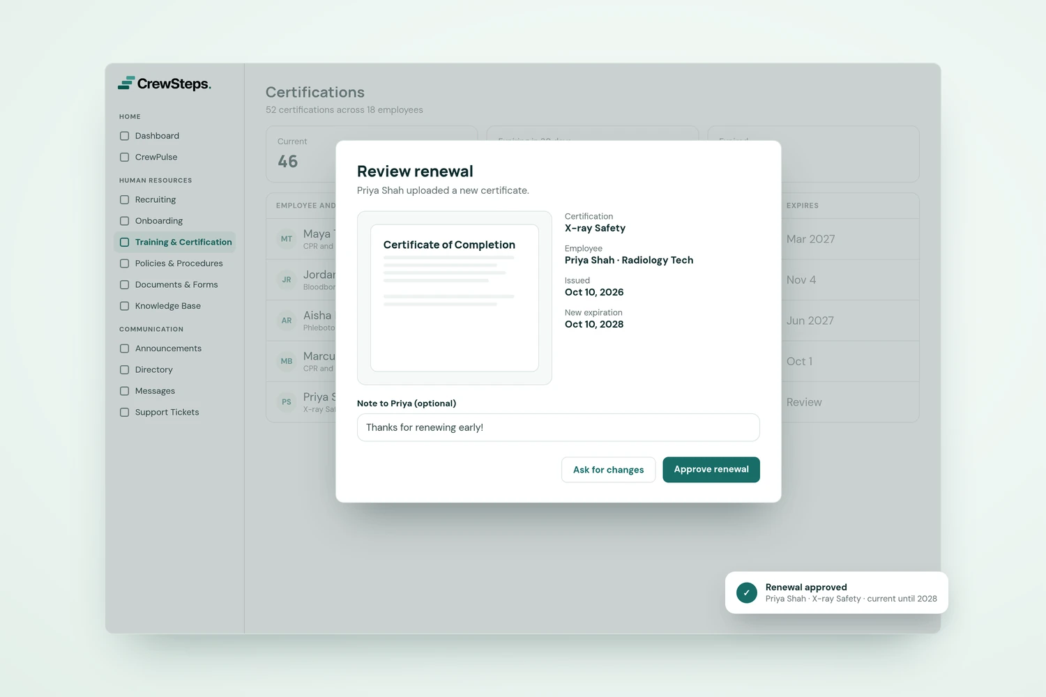 CrewSteps "Review renewal" window showing an uploaded certificate with issue and expiration dates and buttons to approve or ask for changes.