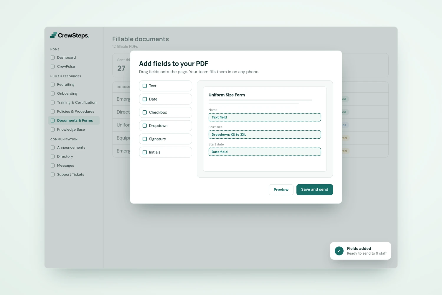 CrewSteps "Add fields to your PDF" window with text, date, checkbox, dropdown, signature, and initials fields being placed on a uniform size form.
