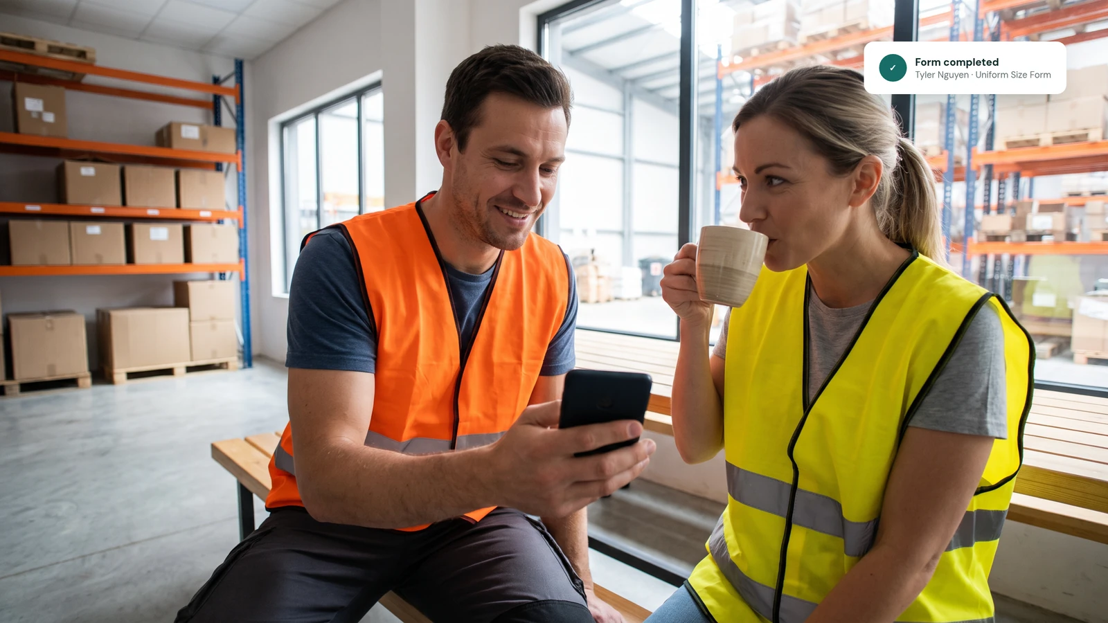 A warehouse worker in an orange safety vest fills out a form on his phone on a break-room bench while a coworker sips coffee beside him.
