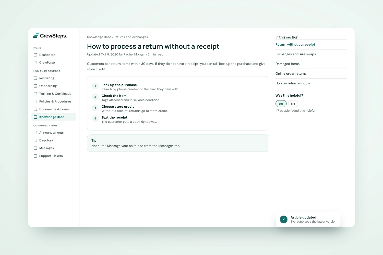 A CrewSteps Knowledge Base article explaining how to process a return without a receipt, with numbered steps, a tip, related articles, and helpful votes.