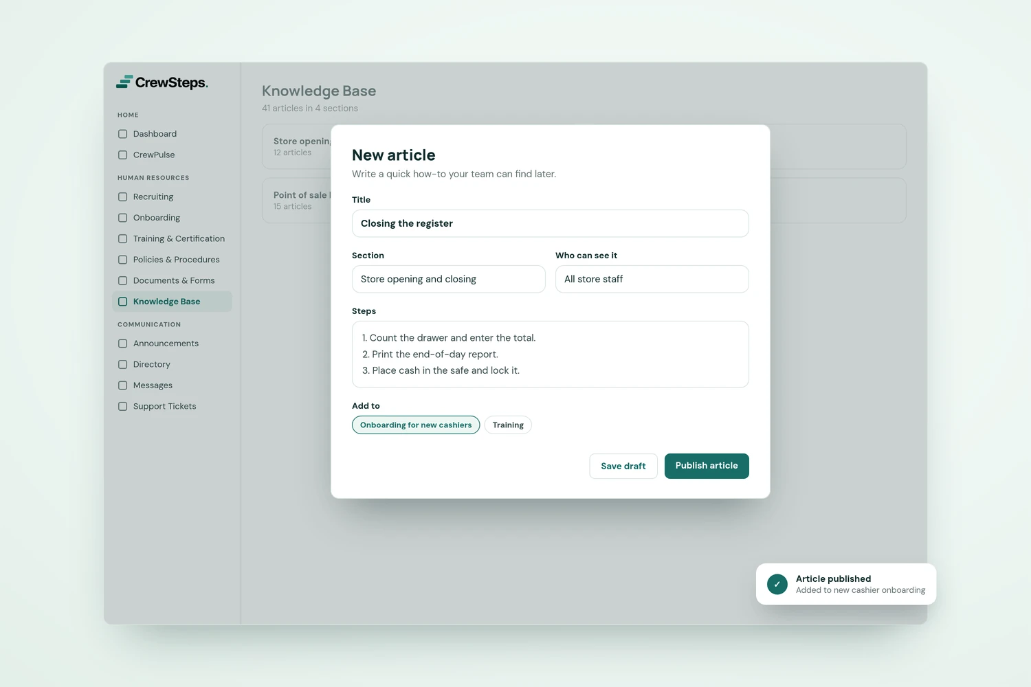 CrewSteps "New article" window with a title, section, who can see it, numbered steps, and an option to add it to new cashier onboarding.