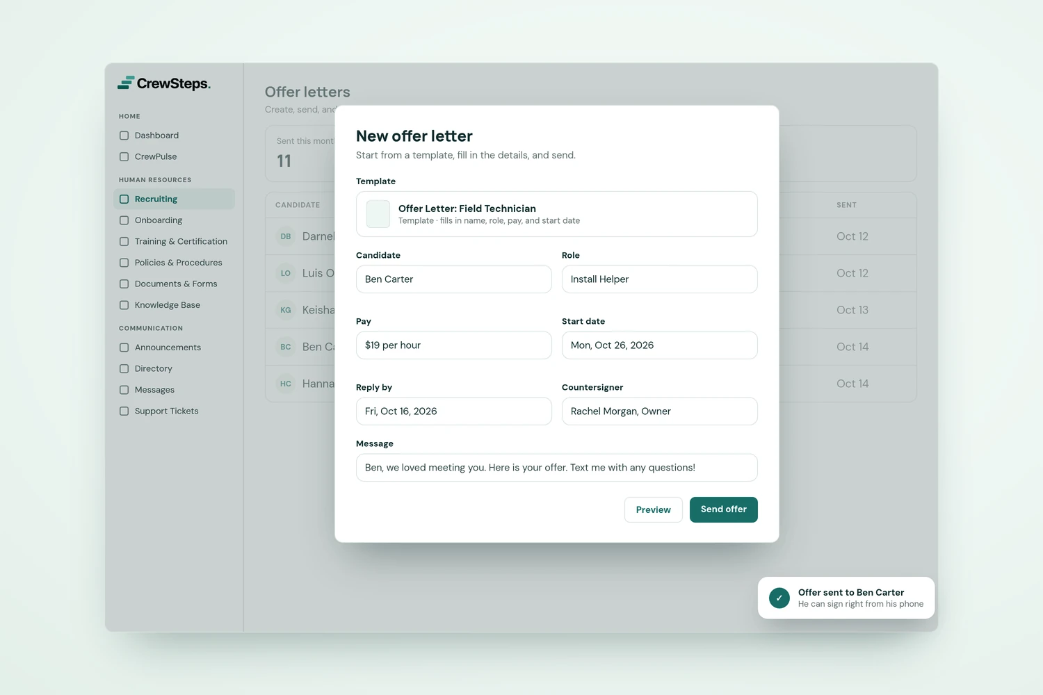 CrewSteps "New offer letter" window with a template, candidate, role, pay, start date, reply-by date, countersigner, and a personal message.