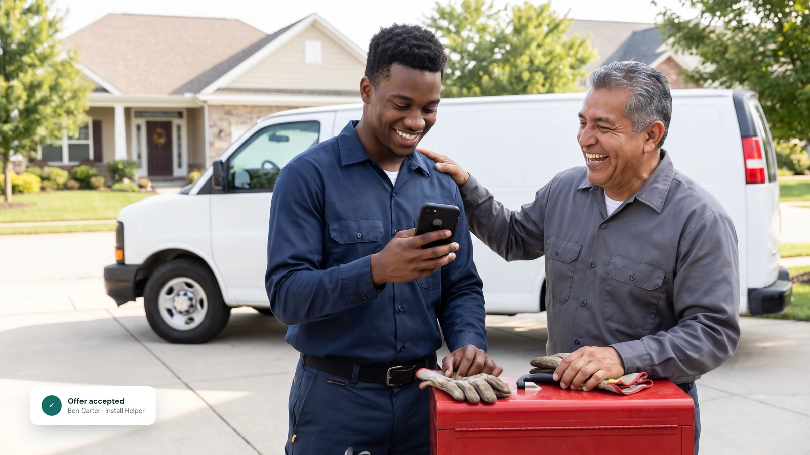 A new home services technician grins at his phone beside a white service van as his lead pats his shoulder in a customer’s driveway.