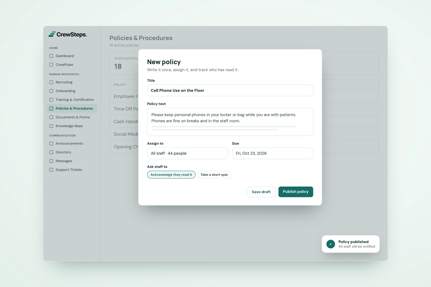 CrewSteps "New policy" window with a title, policy text, who it is assigned to, a due date, and an option to ask staff to acknowledge it.