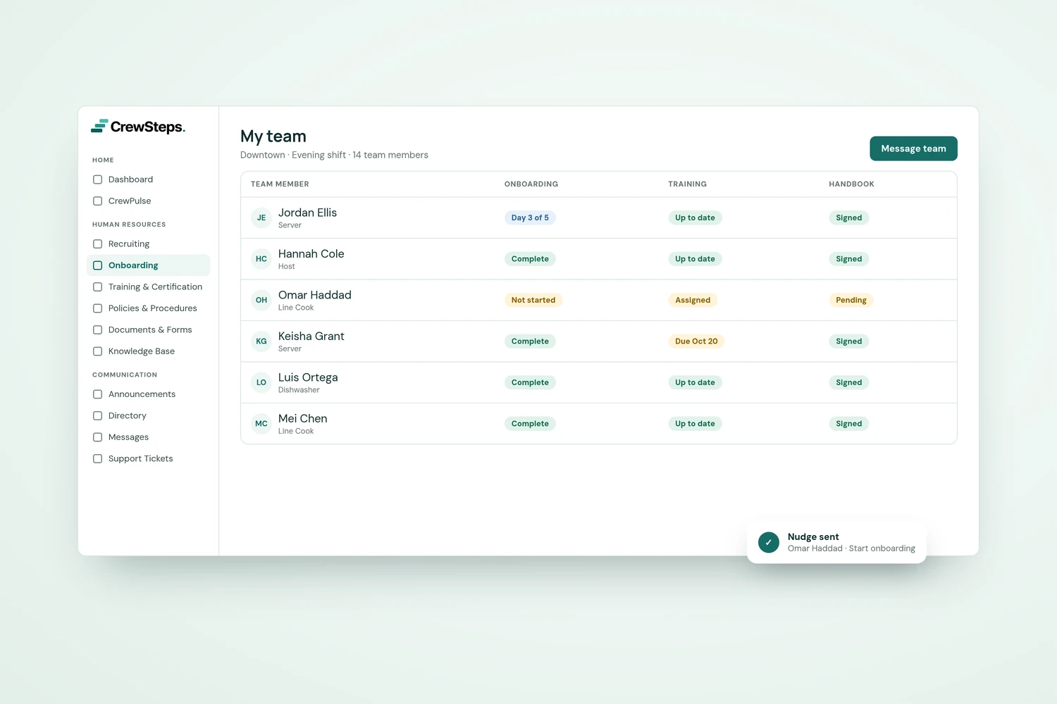 CrewSteps "My team" view showing each team member’s onboarding, training, and handbook status for one restaurant shift.