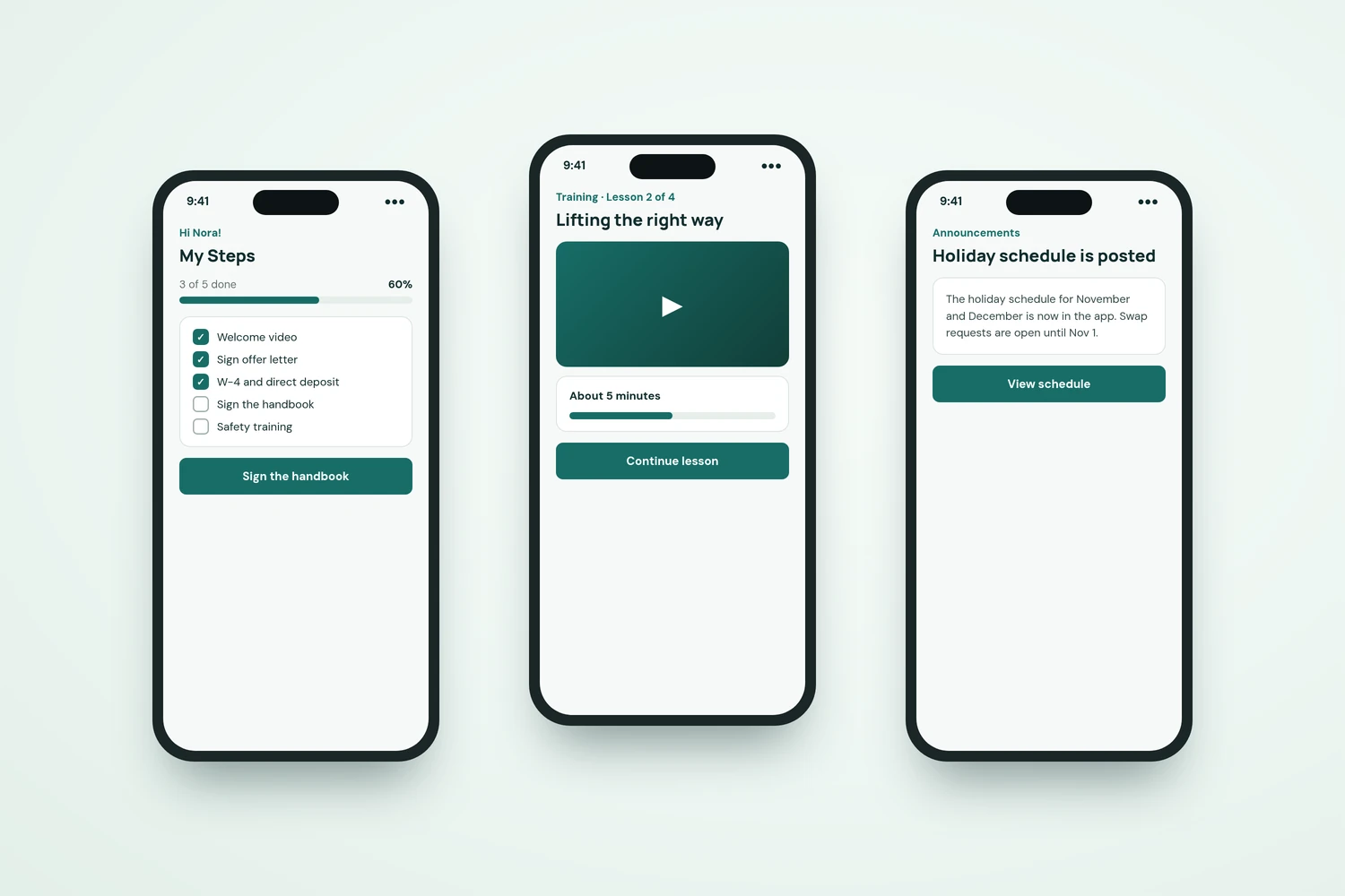 Three CrewSteps phone screens: a new hire’s onboarding steps, a training lesson, and an announcement.