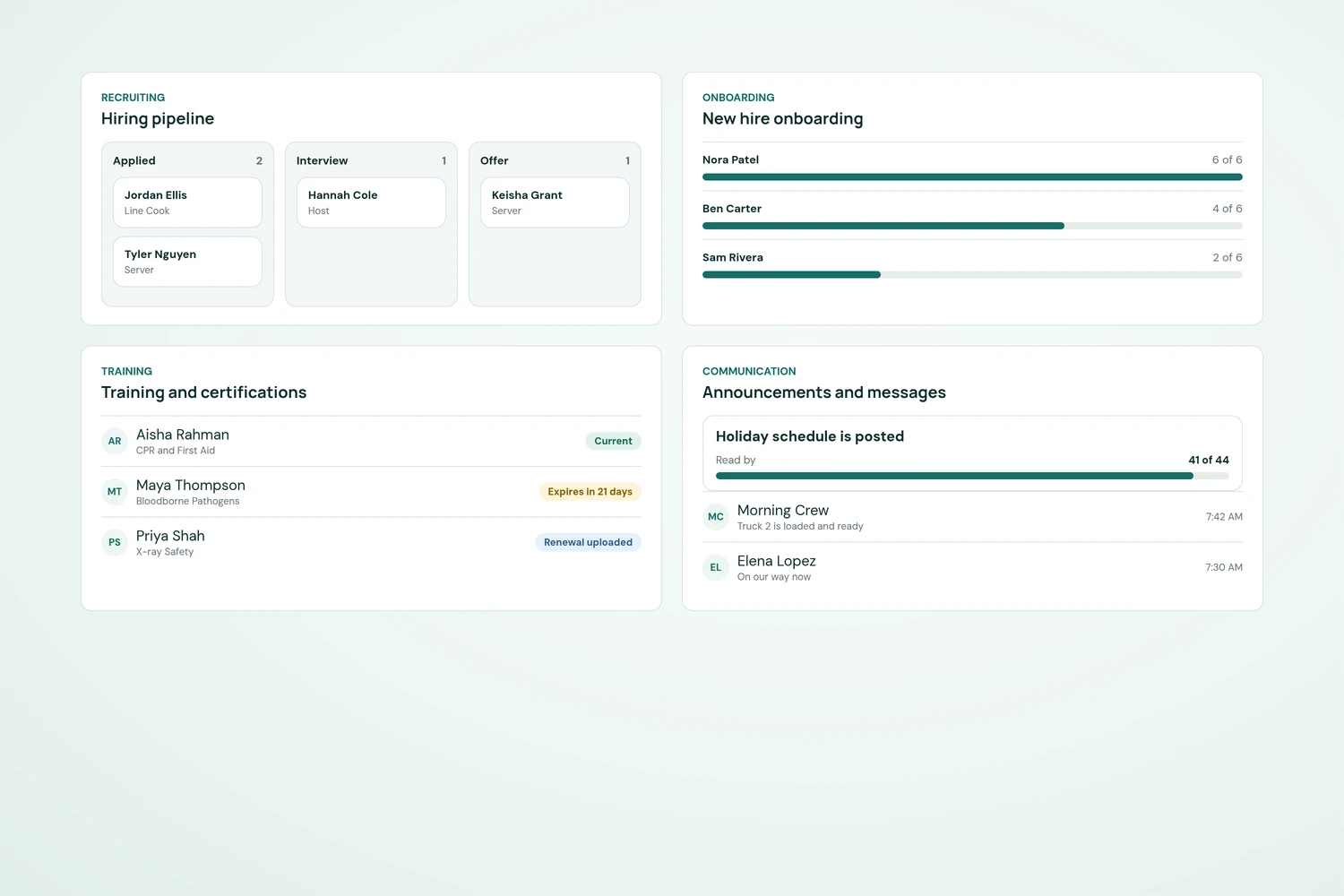 Four CrewSteps screens: a hiring pipeline, new hire onboarding progress, certification status, and announcements with messages.