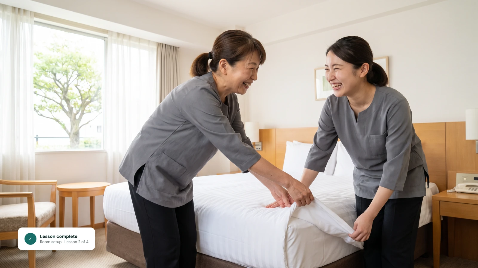 A hotel housekeeping lead shows a smiling new housekeeper how to make a bed in a bright hotel room.